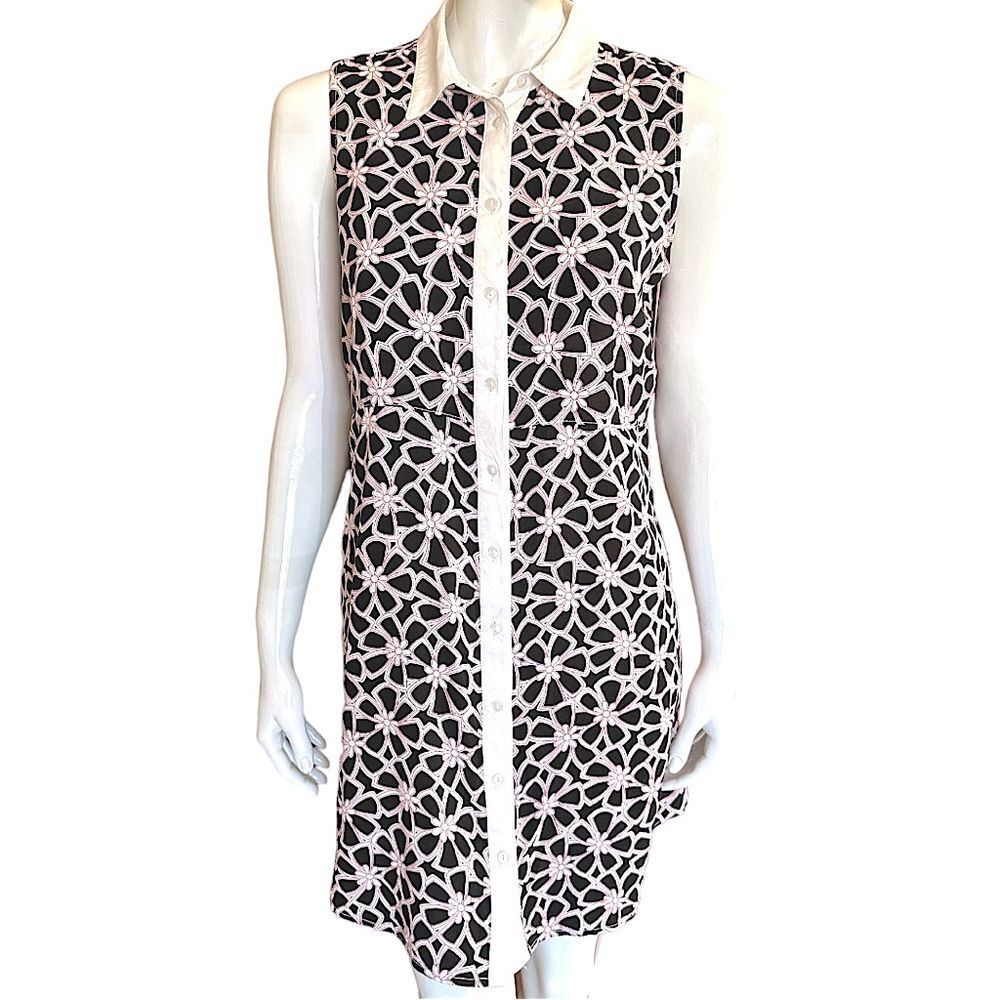 Sandra Dress Retro Print Flower Power Button Front Collar Sleeveless Size Medium